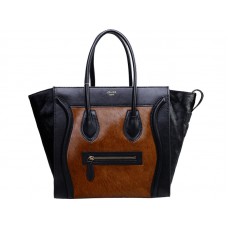 Bolso tote mediano Celine de piel de becerro negra y marrón con pelo de poni