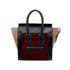 Bolso pequeño Celine Luggage de piel de becerro negra/ante color vino