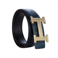 Cinturón Hermes de piel de cocodrilo con hebilla H dorada y diamante azul oscuro