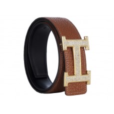 Cinturón Hermes Togo de piel dorada con hebilla H y montura de diamante marrón