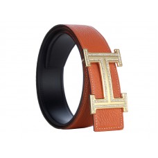 Cinturón Hermes Togo de piel dorada con hebilla H y montura de diamante naranja