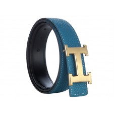 Cinturón ancho de piel Togo de Hermes con hebilla H dorada en azul