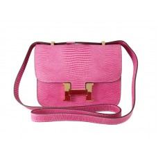 Bolso de hombro Hermes Constance 23 de piel de lagarto rosa
