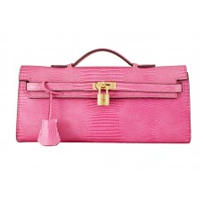 Hermes Kelly Pochette Longue Piel de lagarto Rosa