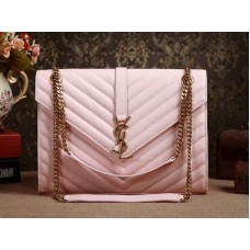Bolso satchel clásico grande con monograma Yves Saint Laurent en cuero Matelasse texturizado Grain de Poudre rosa