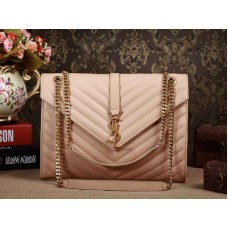 Bolso satchel clásico grande con monograma Yves Saint Laurent en cuero Matelasse texturizado Grain de Poudre color beige oscuro