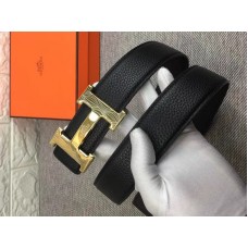 Hebilla de cinturón Hermes H dorada brillante y correa de cuero reversible negra