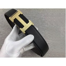 Hebilla de cinturón Hermes Gold H y correa de cuero reversible negra