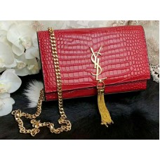 Saint Laurent Kate Medium con borla de piel de cocodrilo brillante roja
