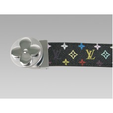 Cinturón Louis Vuitton negro multicolor con hebilla plateada con flor redonda